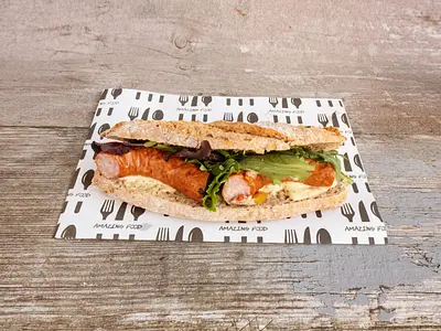 Sandwich with smoked sausage and mustard mayonnaise